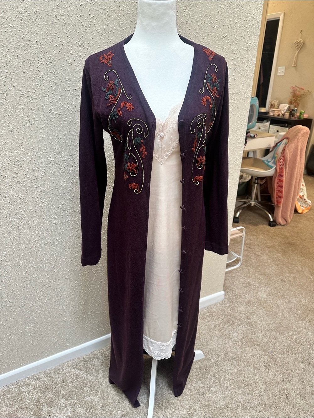 Vintage Floral Embroidered Beaded Embellished Long Duster Cardigan Whimsigoth M